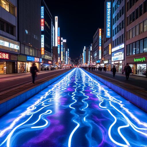 The 'Fluidic Echoes' light installation at Shibuya Stream.
